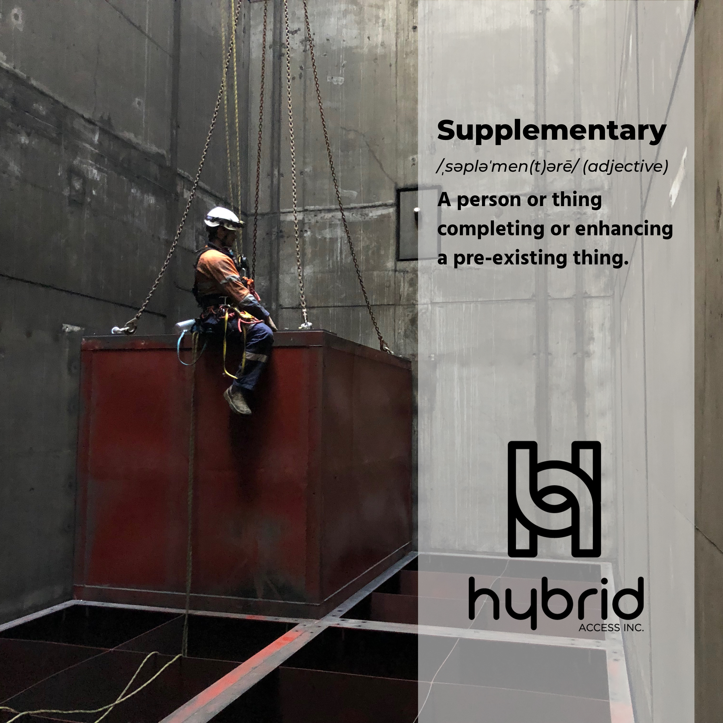 Definition of Supplementary in front of a rope technician hanging inside a stack